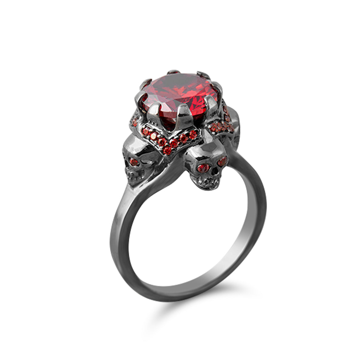 black skull Ring with red garnet gemstone, crafted from 925 sterling silver