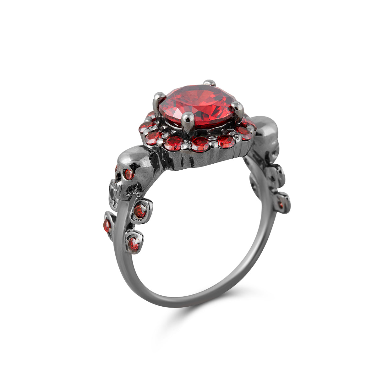 floral leaf skull ring with red garnet gemstones set in gun metal plated sterling silver
