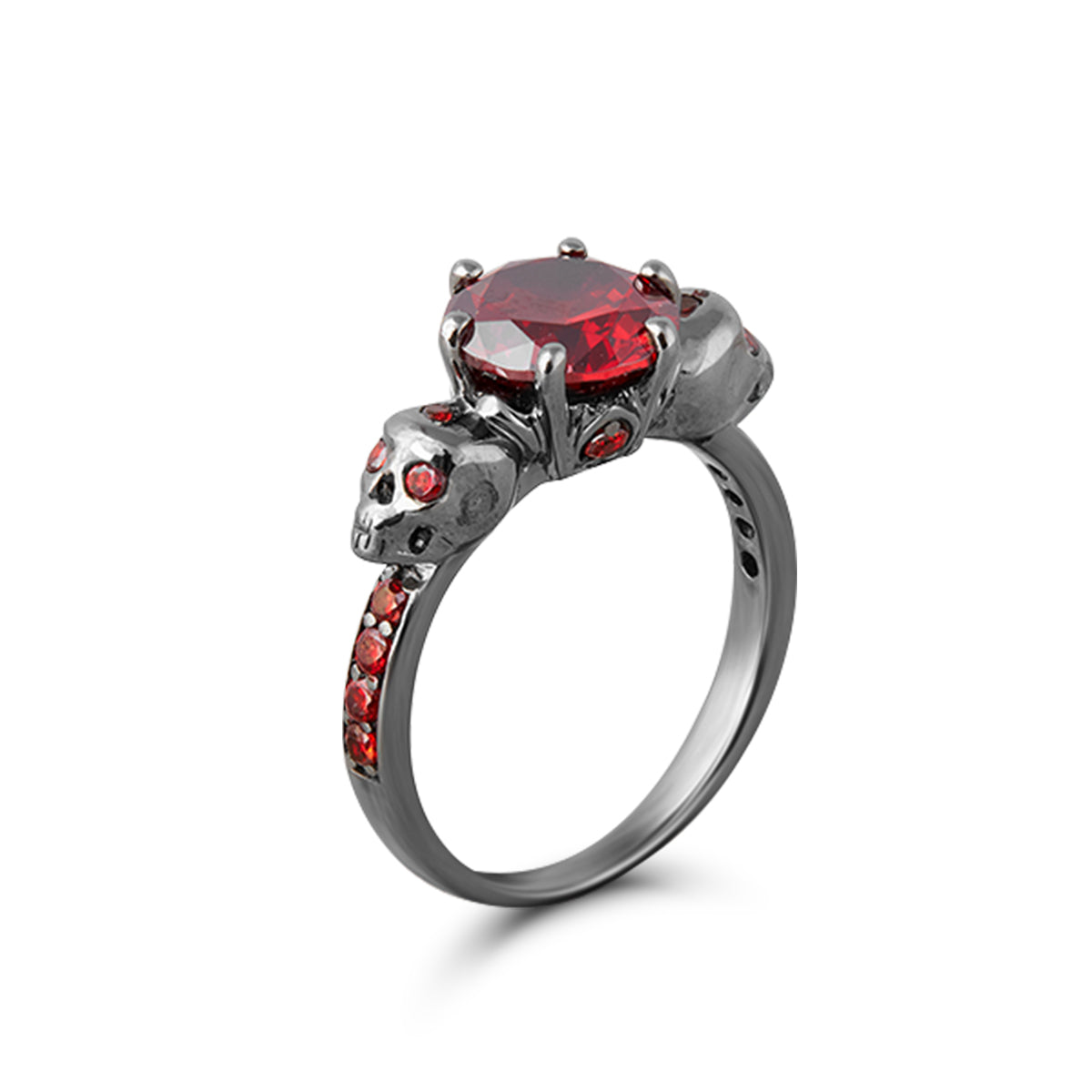 Black skull ring with red garnet gemstones, crafted from 925 sterling silver