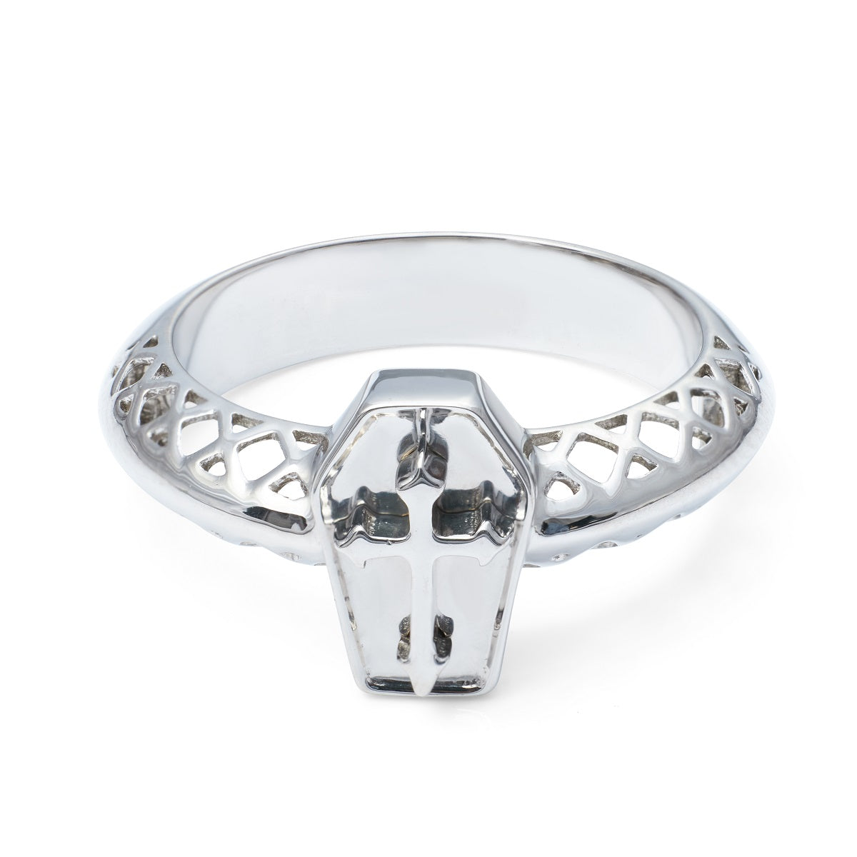 Coffin Ring with Holy Cross and Mesh design band in sterling silver