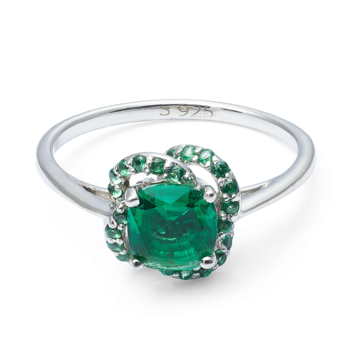 Polished silver ring with a square-cut green gem encircled by a sparkling green stone border.