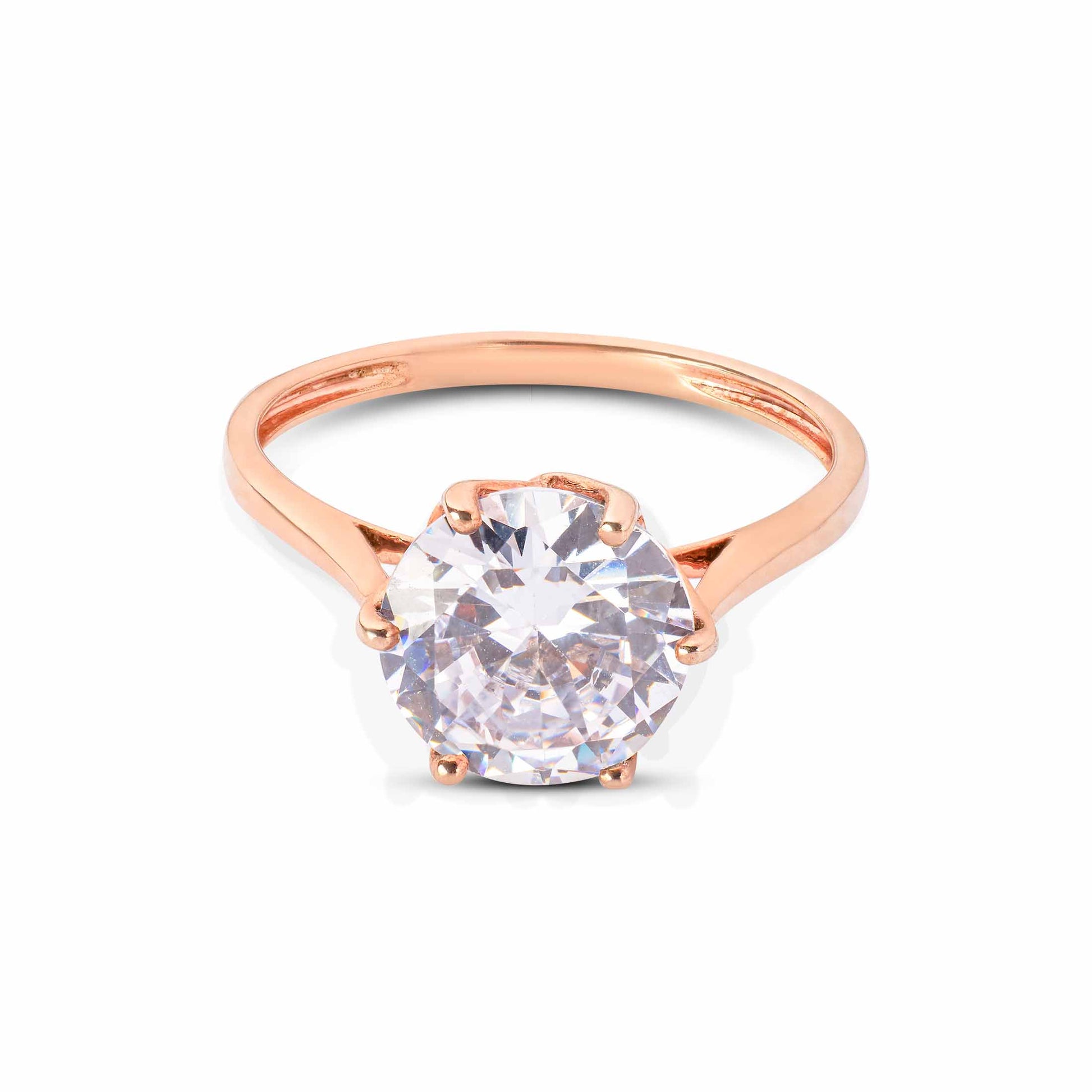 Round brilliant stone solitaire on a rose gold shank with a secure six-prong basket setting.