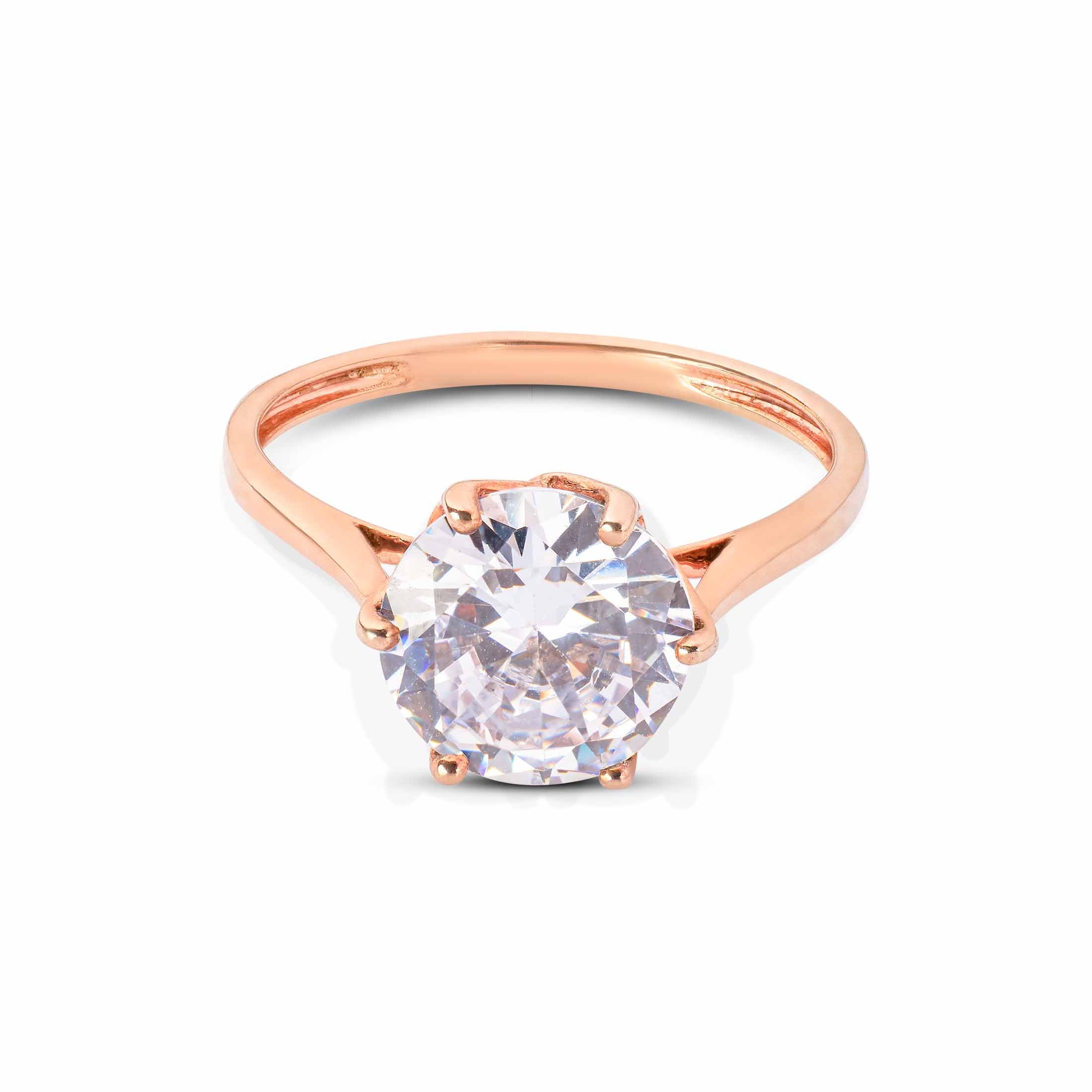 Round brilliant stone solitaire on a rose gold shank with a secure six-prong basket setting.