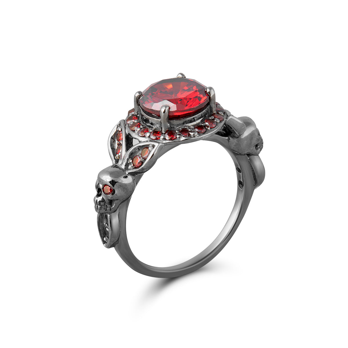 Floral skull ring with halo red garnet gemstones in gun metal finished sterling silver