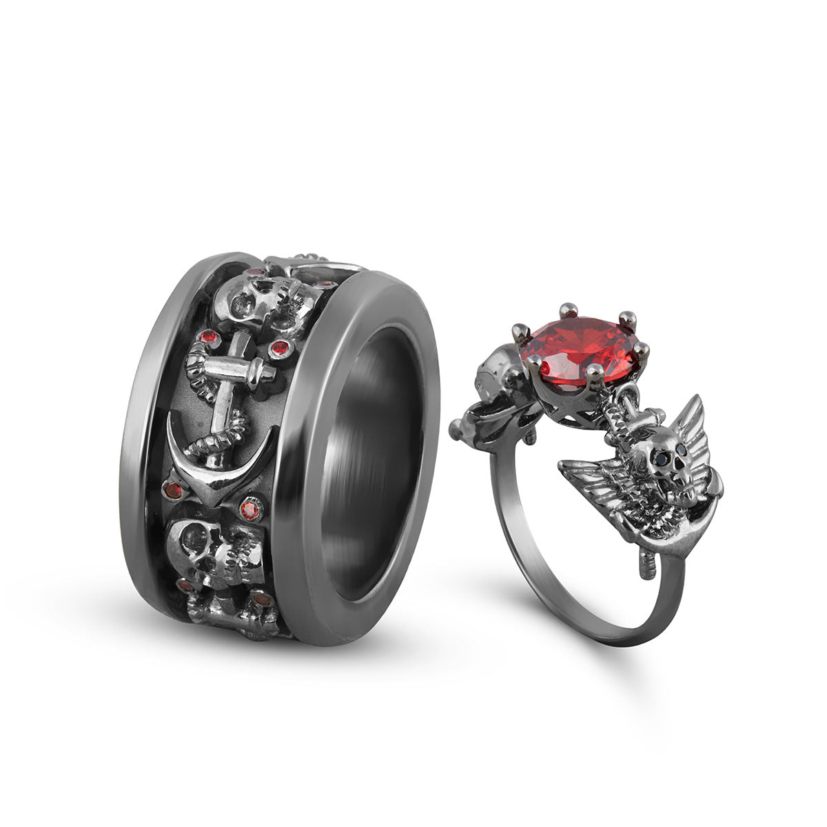 Wings Skull Engagement Ring Set Anchor Gothic Wedding Rings