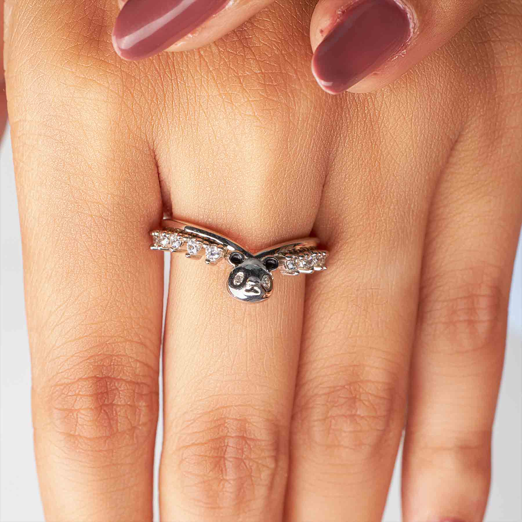 Panda Ring Enhancer Curved Wedding Band Panda Jewelry Stacking Diamond Rose Gold White Gold Sterling Silver