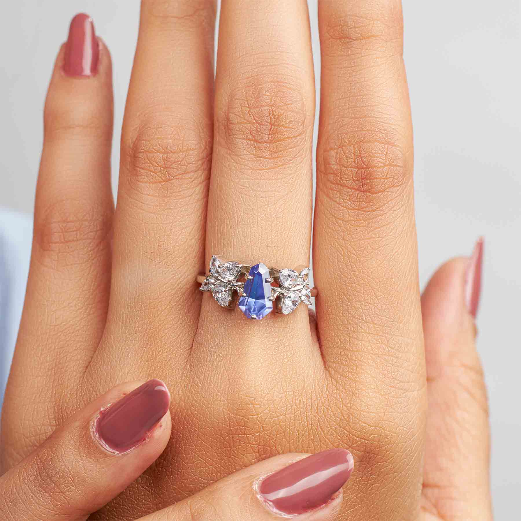 Unique Butterfly Ring Blue Titanic Gemstone Pear Diamond Statement Engagement Ring Cocktail Party Jewelry