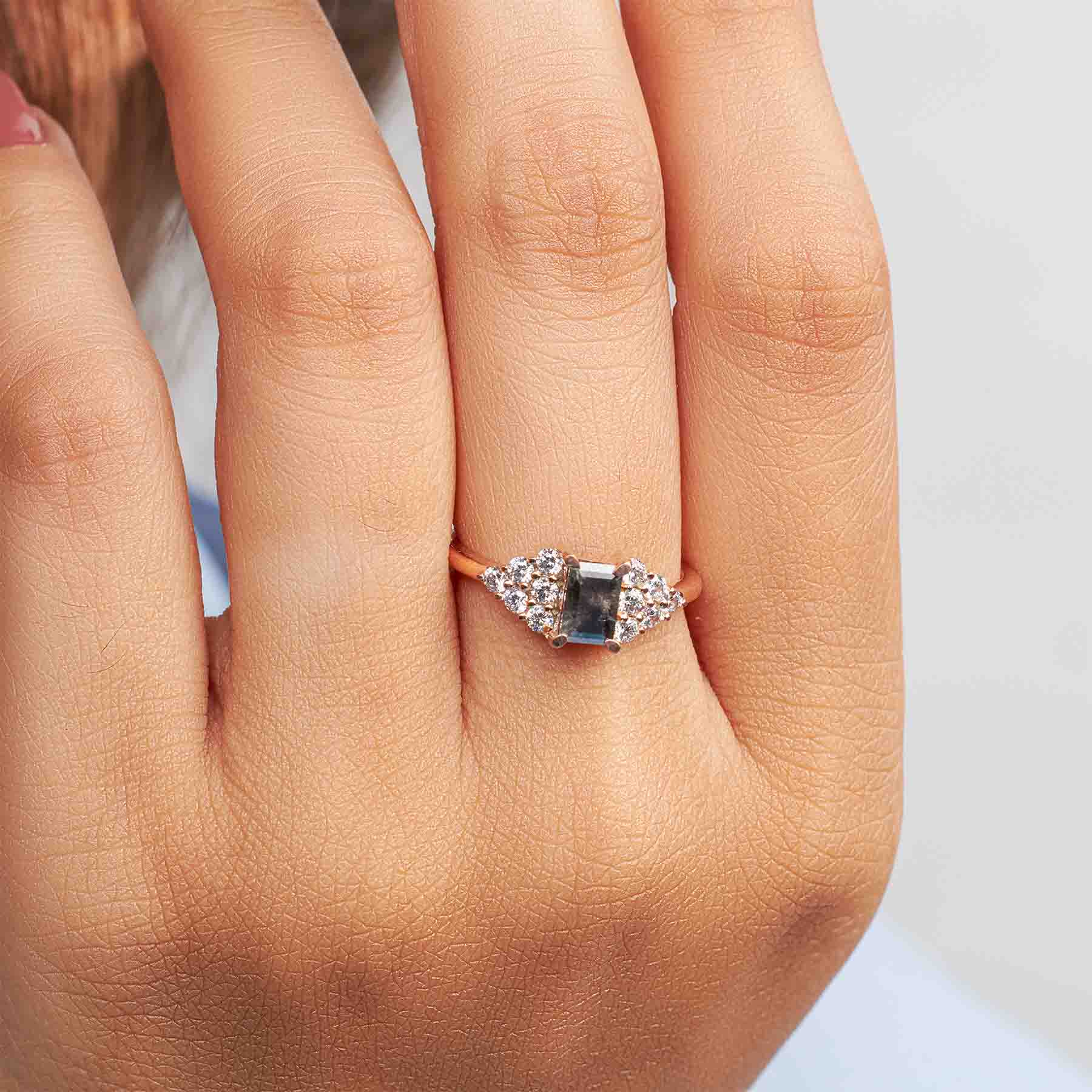 Baguette Cut Black Rustic Salt and Pepper Natural Diamond Ring