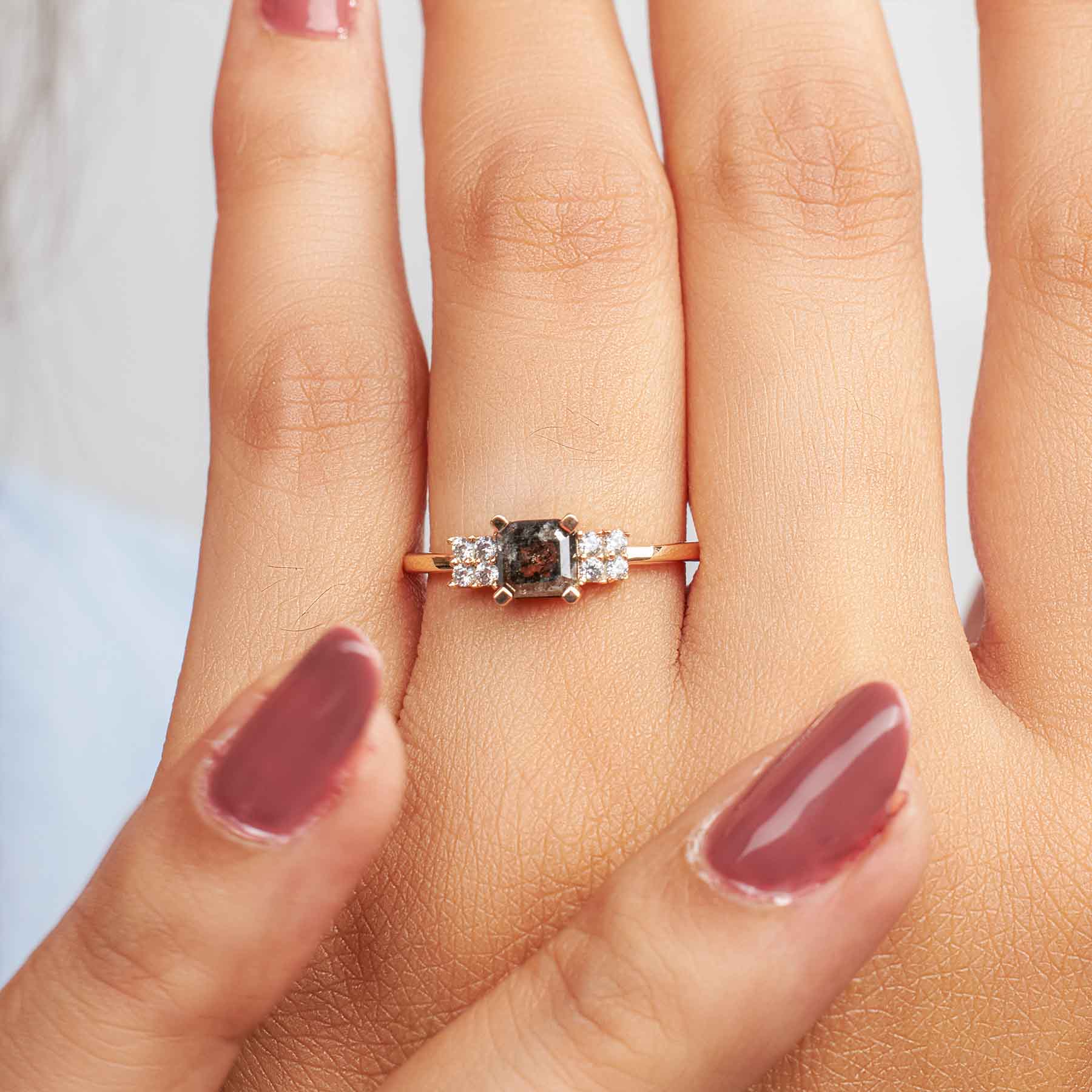 Square Emerald Cut Salt and Pepper Diamond Engagement Ring