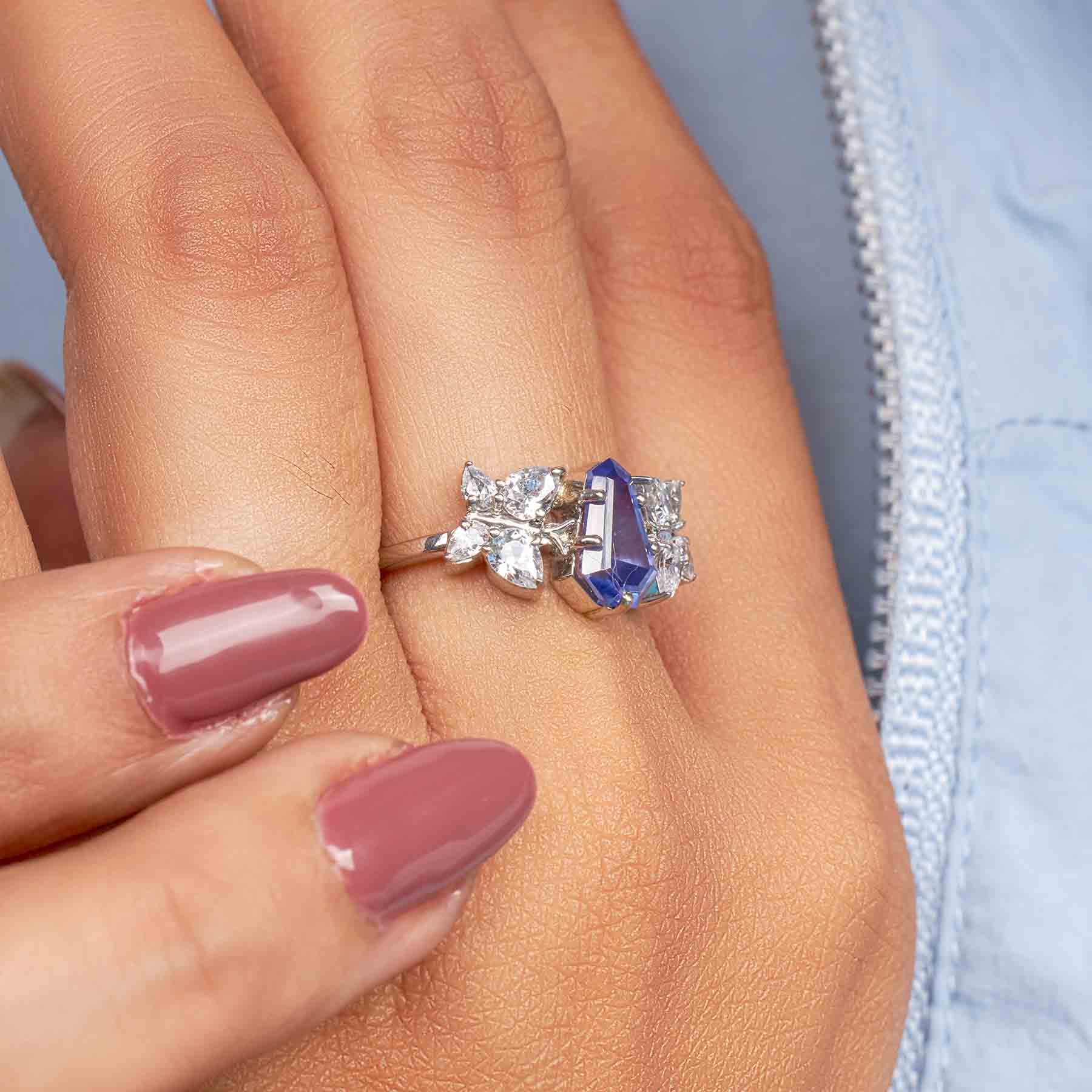 Unique Butterfly Ring Blue Titanic Gemstone Pear Diamond Statement Engagement Ring Cocktail Party Jewelry