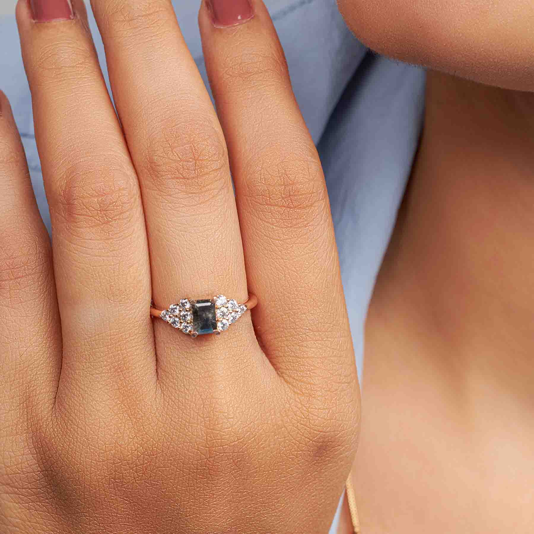 Baguette Cut Black Rustic Salt and Pepper Natural Diamond Ring