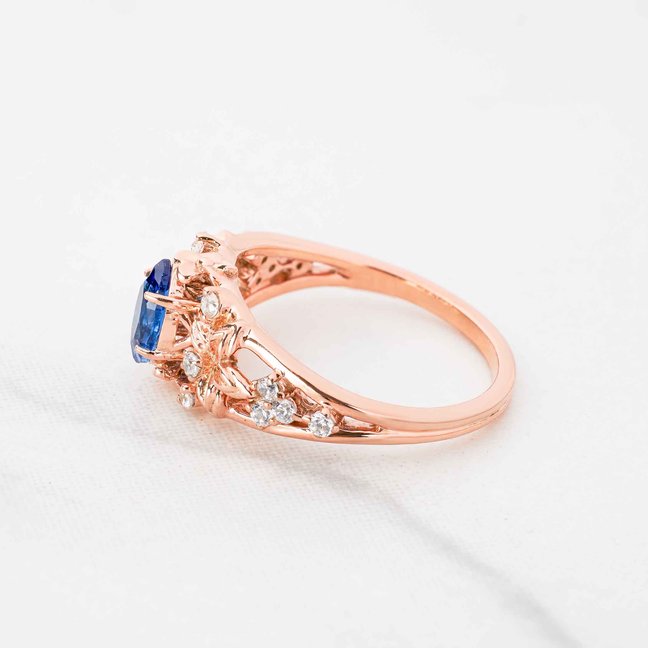 Art Nouveau Sapphire Ring Rose Gold Flower Engagement Ring Art Deco