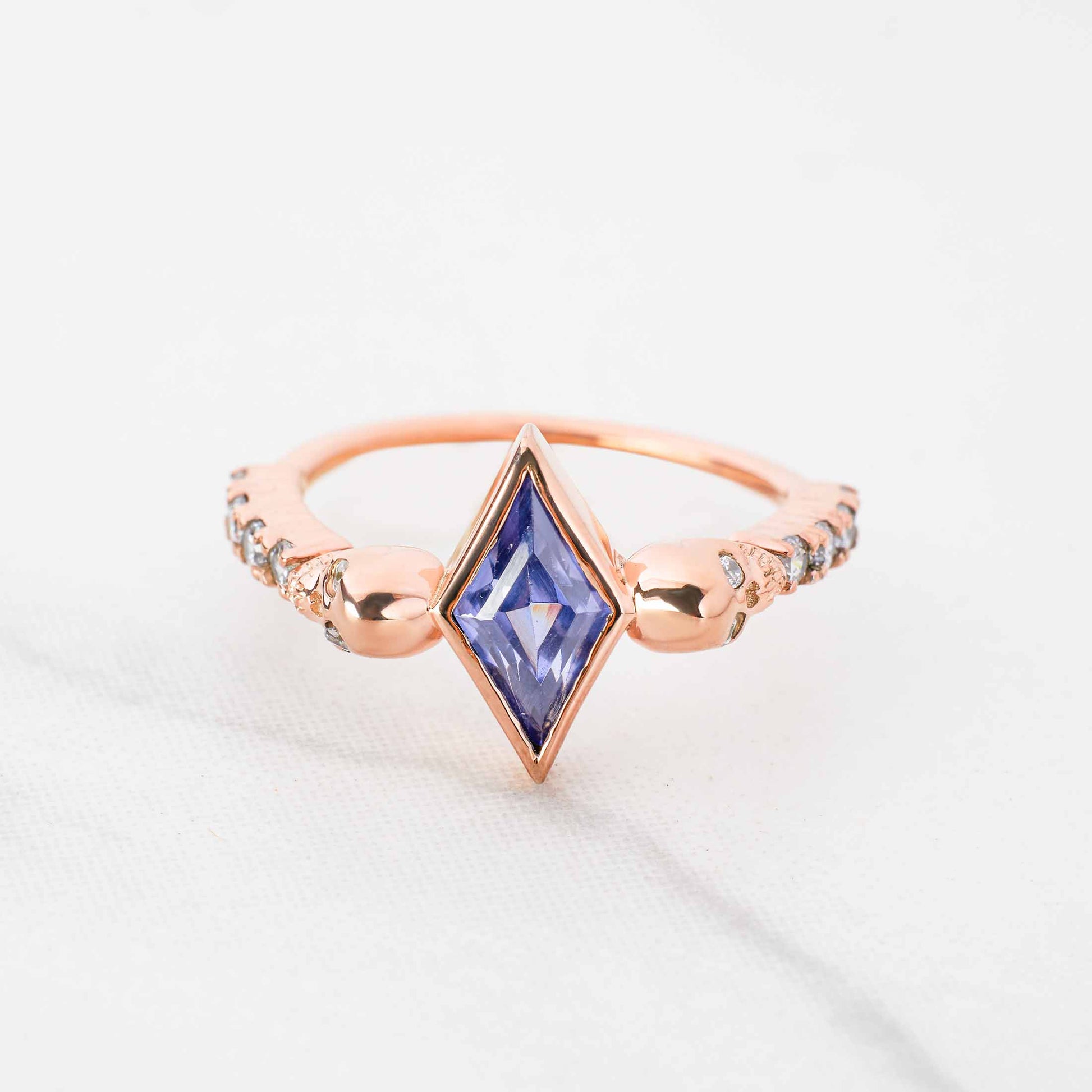 Skull Ring Kite Cut Titanic Blue Gemstone Gothic Engagement Rings Rose Gold