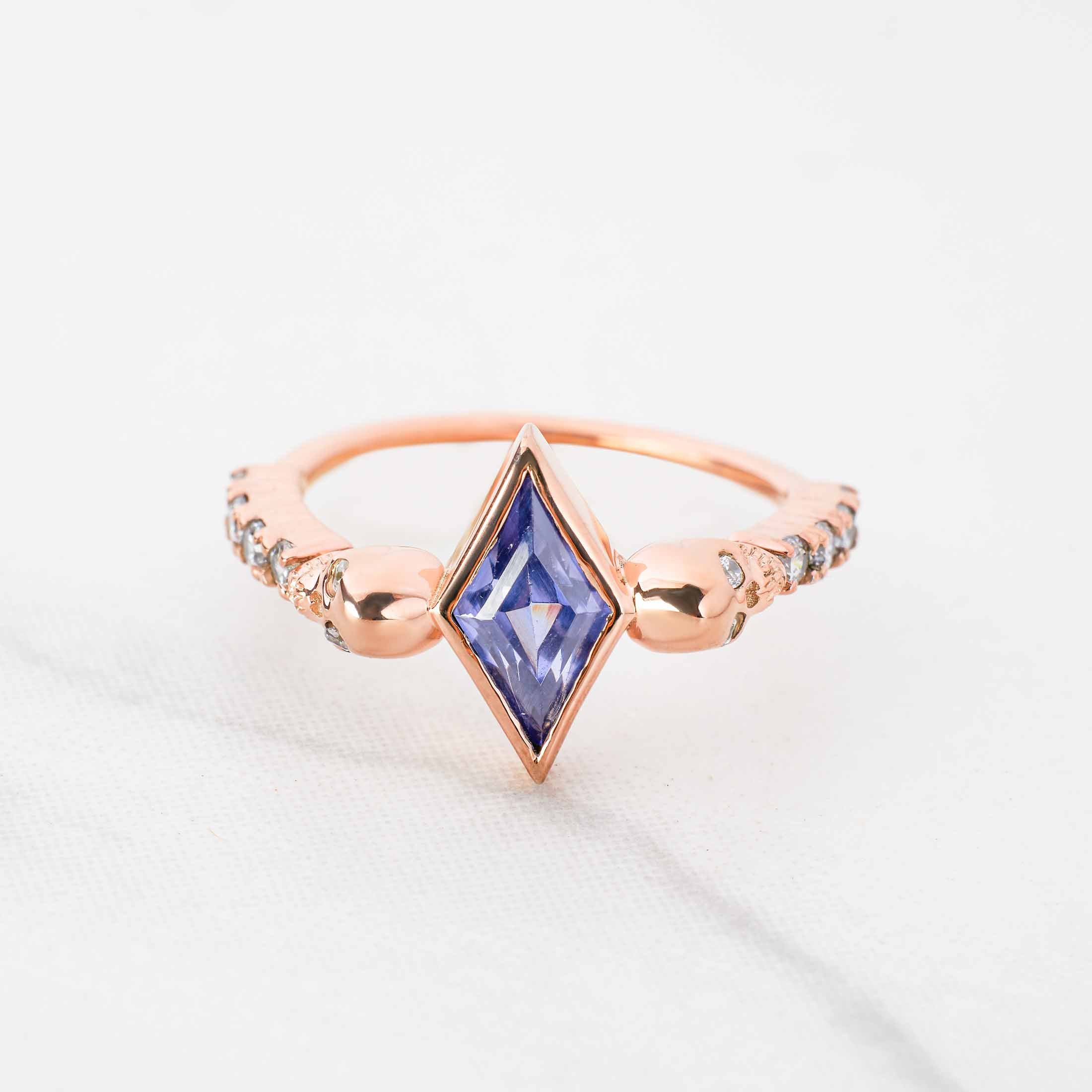 Skull Ring Kite Cut Titanic Blue Gemstone Gothic Engagement Rings Rose Gold