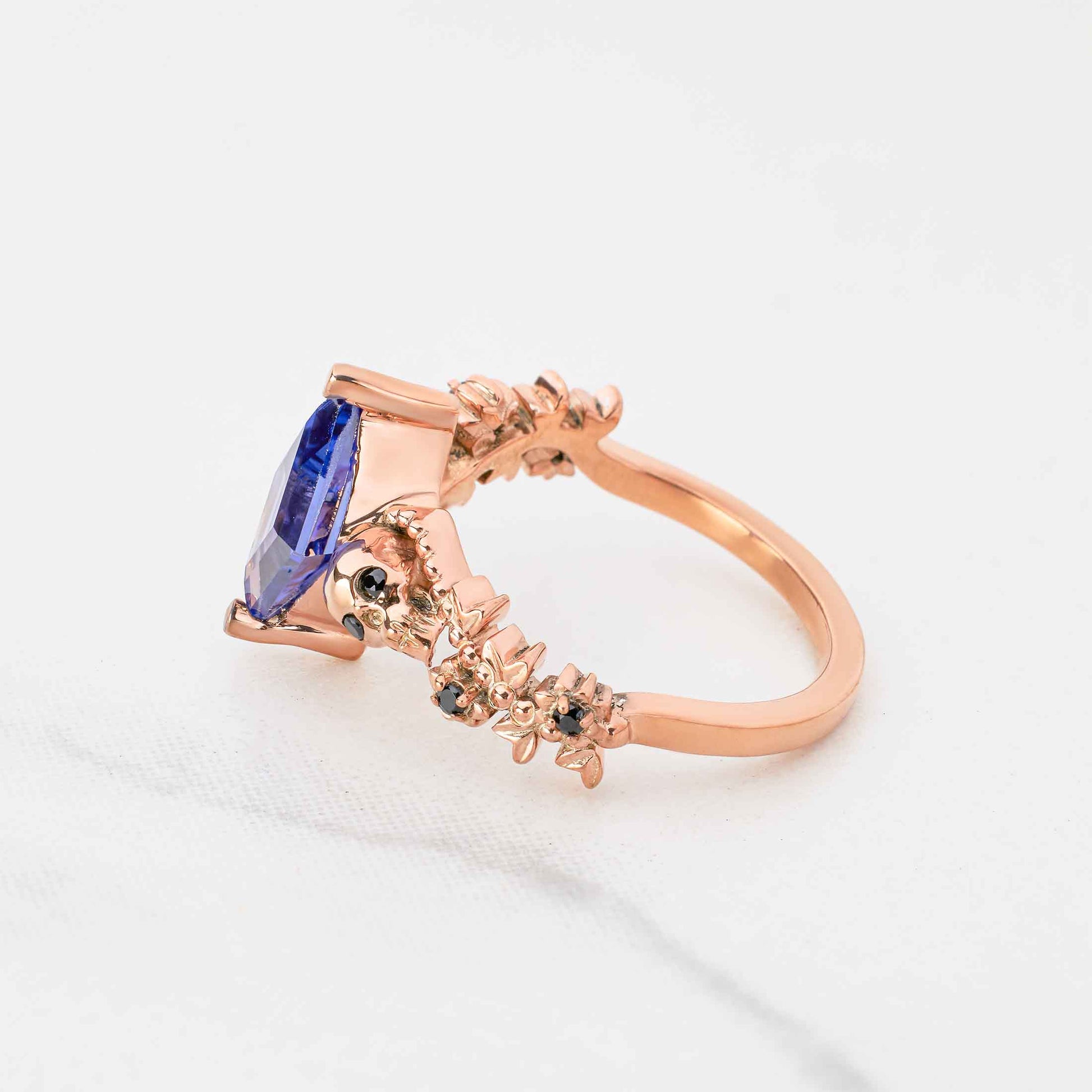 Floral Art Deco Skull Ring Blue Titanic Gemstone Kite Cut Gothic Engagement Rings Rose gold