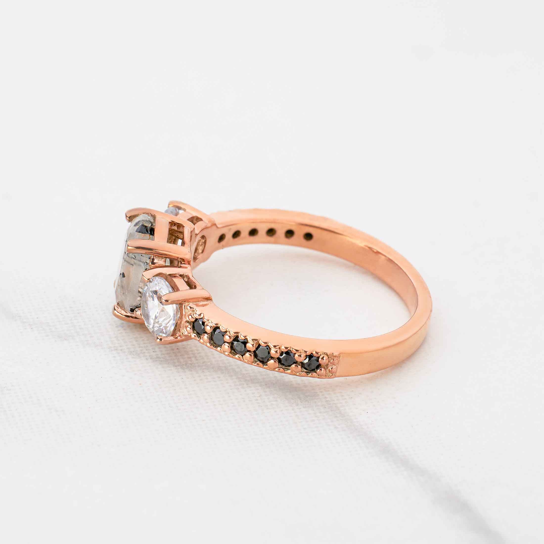 Oval Rutilated Quartz Ring 3 Stone Engagement Ring Rose Gold
