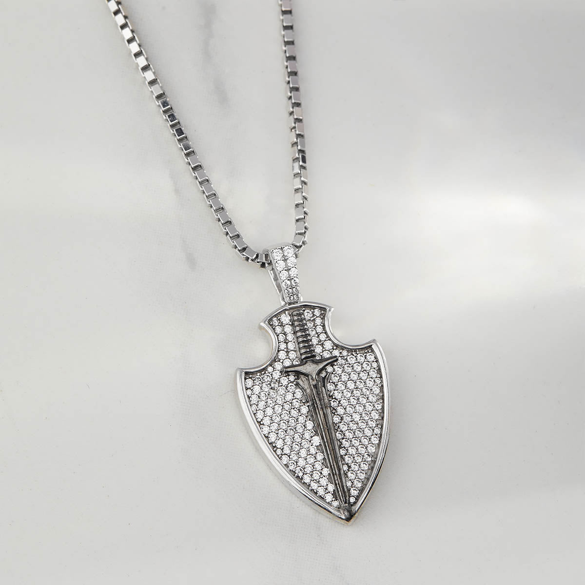 Shield with Sword Necklace Two Tone Iced Out Pendant Viking Jewelry Sterling Silver