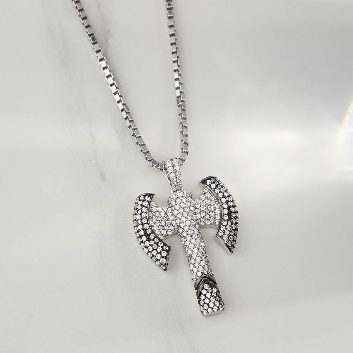 Iced Out Norse Viking Axe Pendant Necklace Hip Hop Jewelry 925 Sterling Silver Silver
