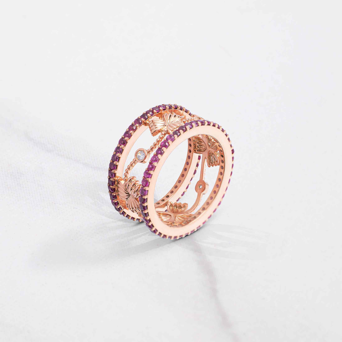 Art Deco Wedding Band Pink Ruby Rose Gold Anniversary Band Gift for Her