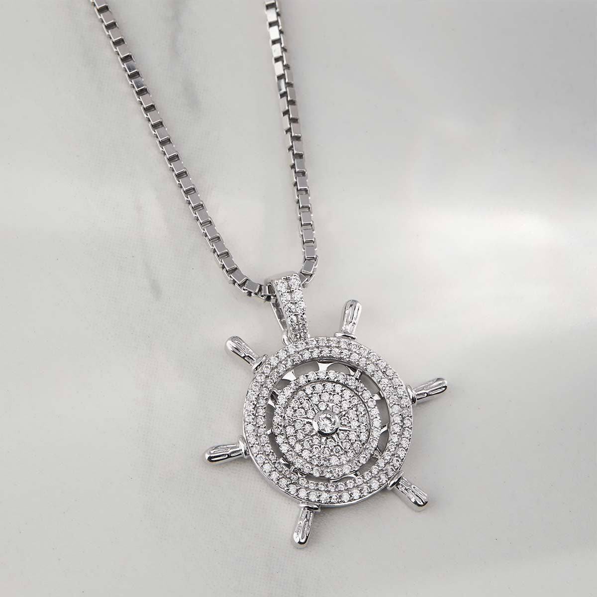 Iced Out Steering Wheel Pendant Necklace Hip Hop Style Nautical Jewelry Sterling Silver Diamond
