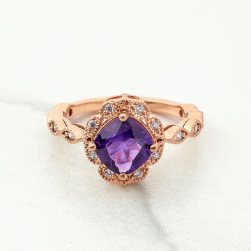 1920's Inspired Vintage Engagement Rings Milgrain Art Deco Amethyst Ring Sterling Silver Rose Gold
