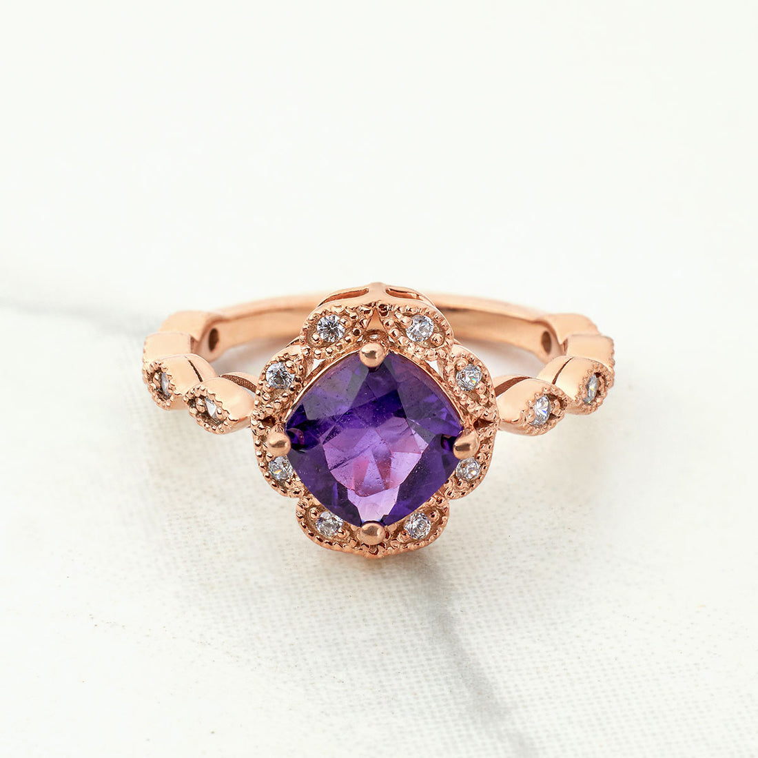 1920's Inspired Vintage Engagement Rings Milgrain Art Deco Amethyst Ring Sterling Silver Rose Gold