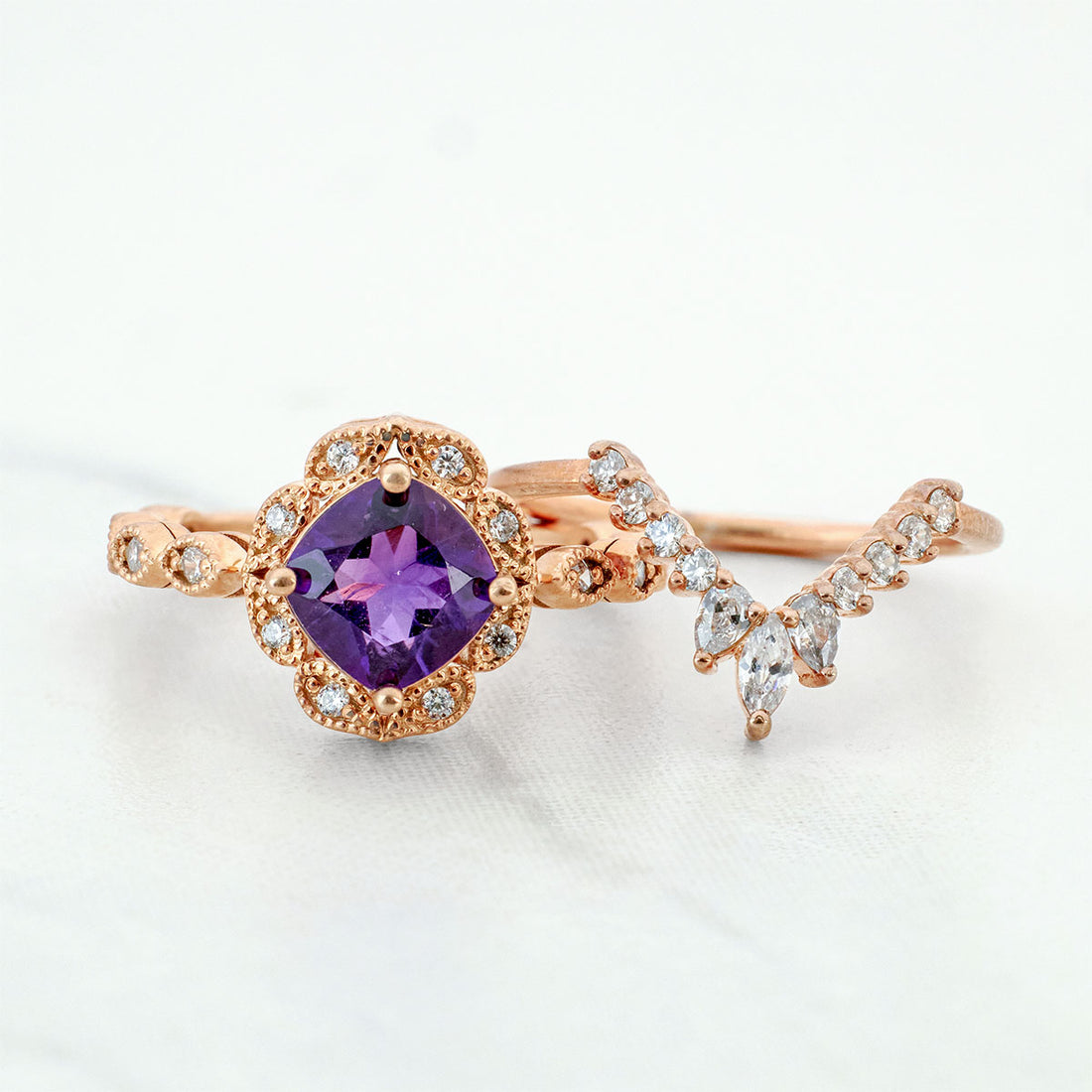 Vintage Style Bridal Ring Set Purple Amethyst Engagement Ring