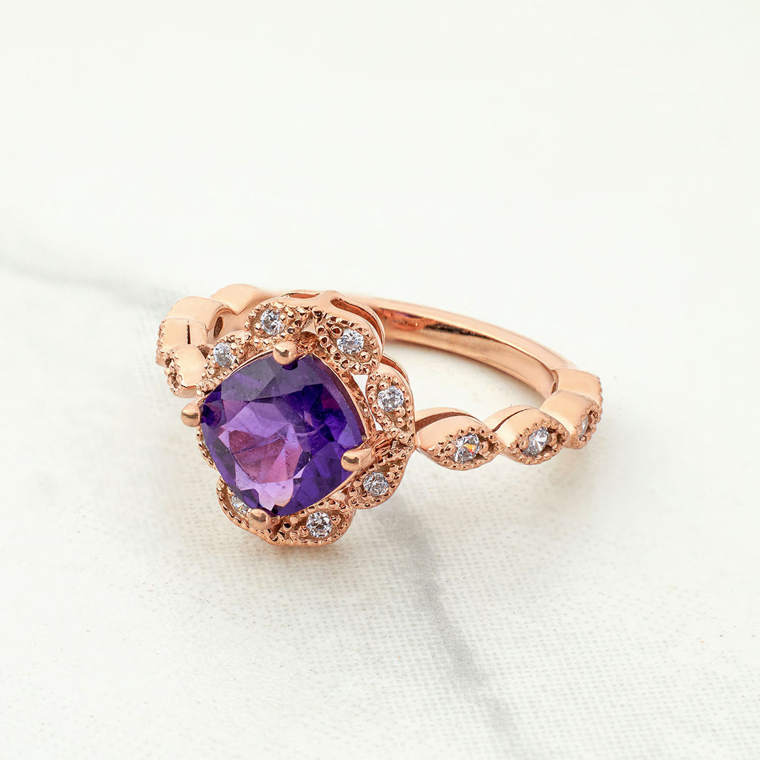 1920's Inspired Vintage Engagement Rings Milgrain Art Deco Amethyst Ring Sterling Silver Rose Gold
