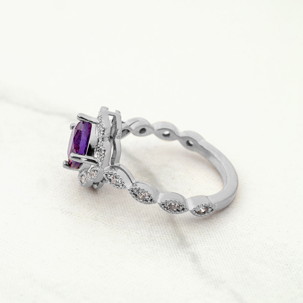 1920's Inspired Vintage Engagement Rings Milgrain Art Deco Amethyst Ring Sterling Silver Rose Gold