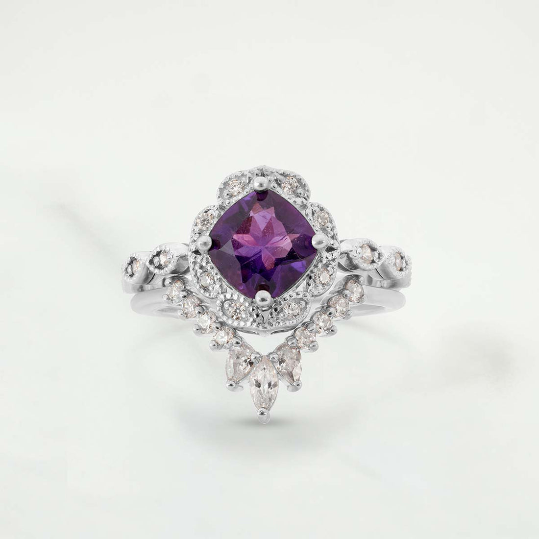 Vintage Style Bridal Ring Set Purple Amethyst Engagement Ring