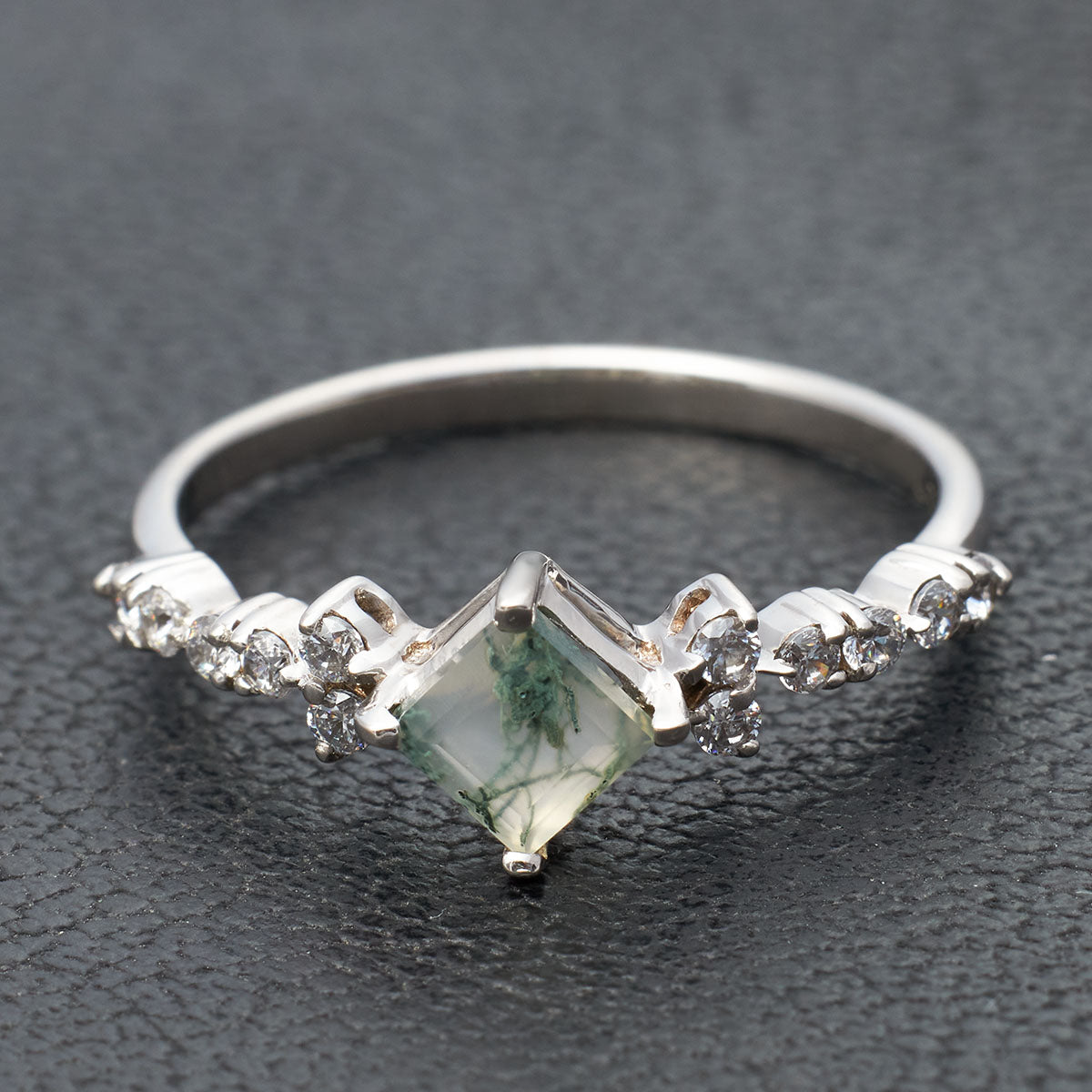Princess Cut Moss Agate Promise Ring
