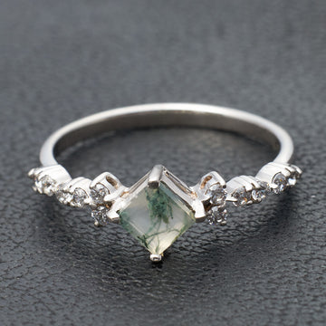 Princess Cut Moss Agate Promise Ring