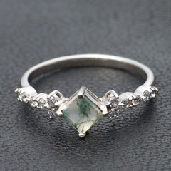 Princess Cut Moss Agate Promise Ring Womens Engagement Ring