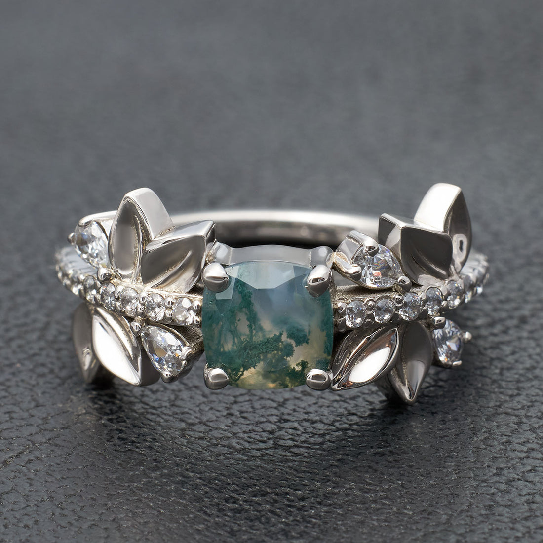 Cushion Cut Moss Agate Engagement Ring