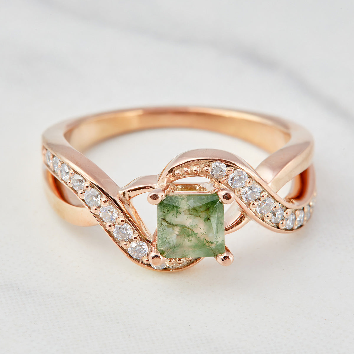 Natural Moss Agate Promise Ring Princess Cut Engagement Ring