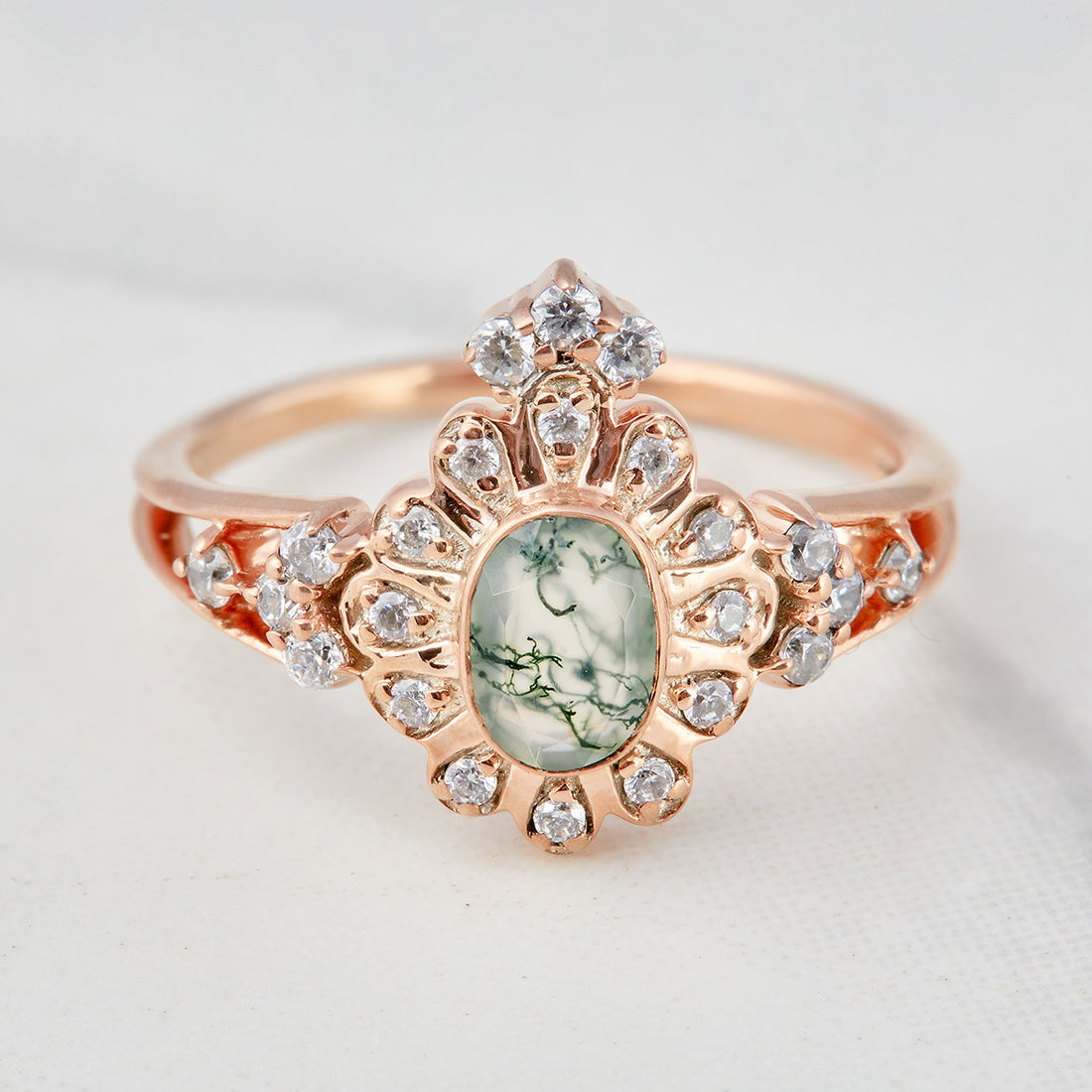 Moissanite And Moss Agate Engagement Ring