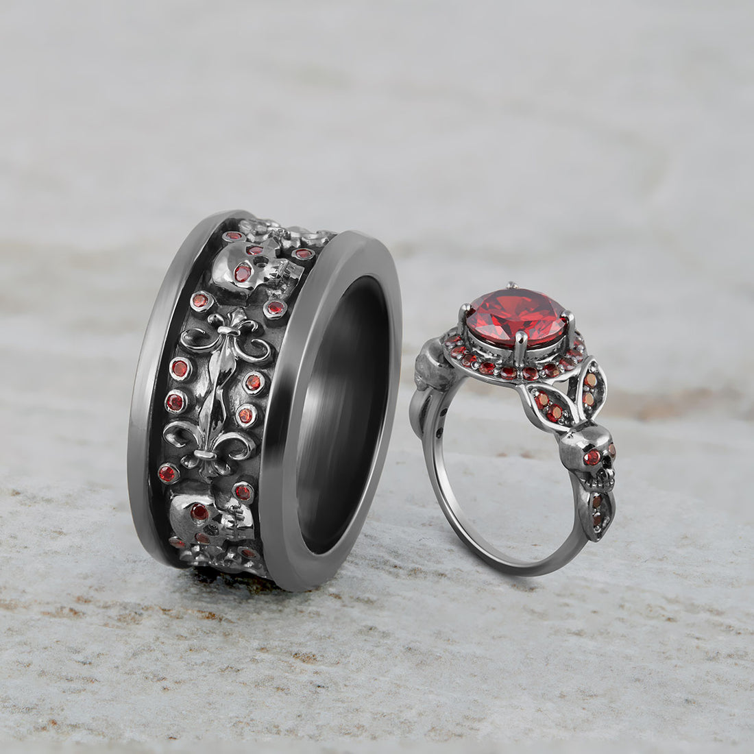 Floral Skull Engagement Ring Band Set