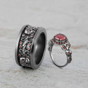 Floral Skull Engagement Ring Band Set