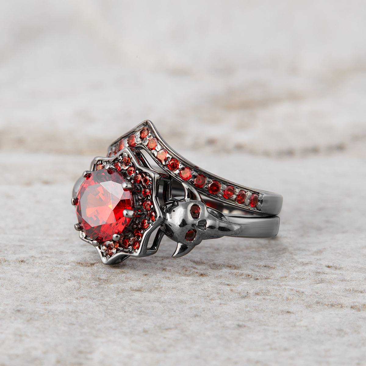 Vampire Skull Ring Set Red Garnet Gothic Skull Engagement Ring
