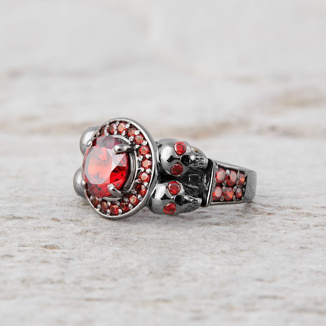 1.10TCW Garnet Skull Engagement Ring Gothic Jewelry Gun Metal