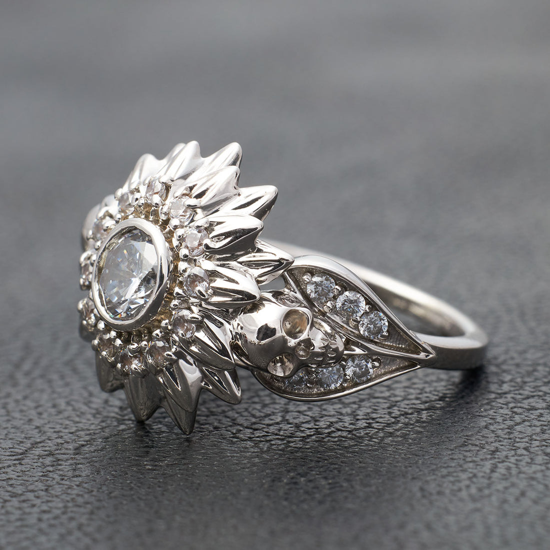 Diamond Flower Skull Ring Womens