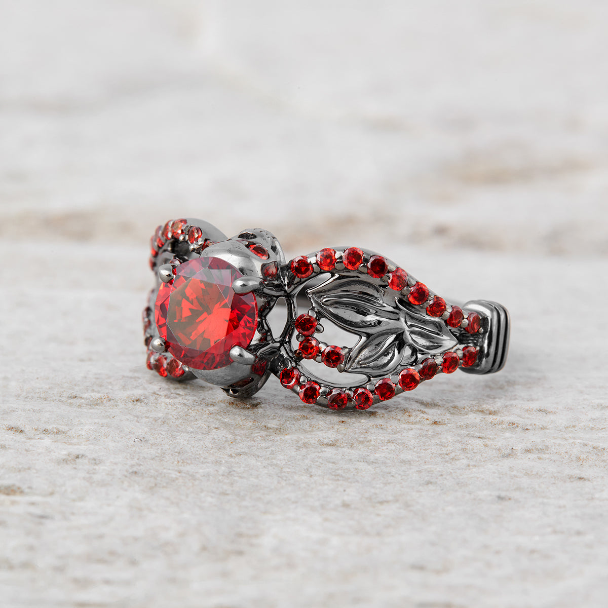 Leaf Skull Engagement Ring Red Garnet Gothic Skull Ring Silver