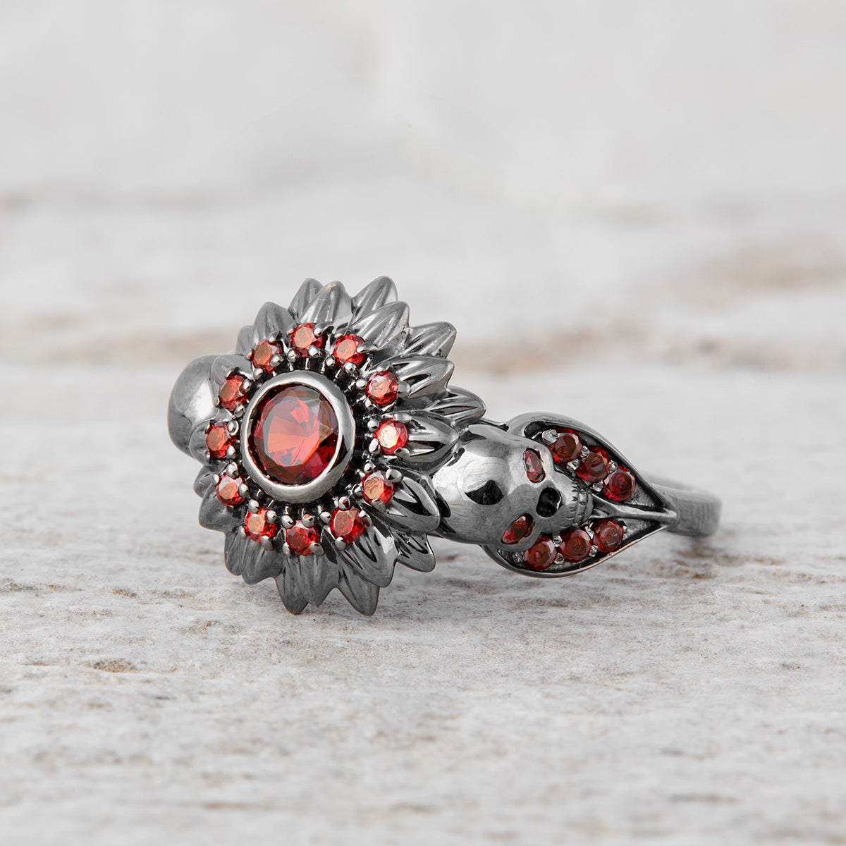 Skull Flower Engagement Ring Gothic Skull Ring Silver Gun Metal