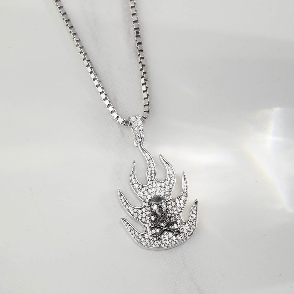Two Tone Flaming Skull Necklace Diamond Iced Out Gothic Pendant Sterling Silver