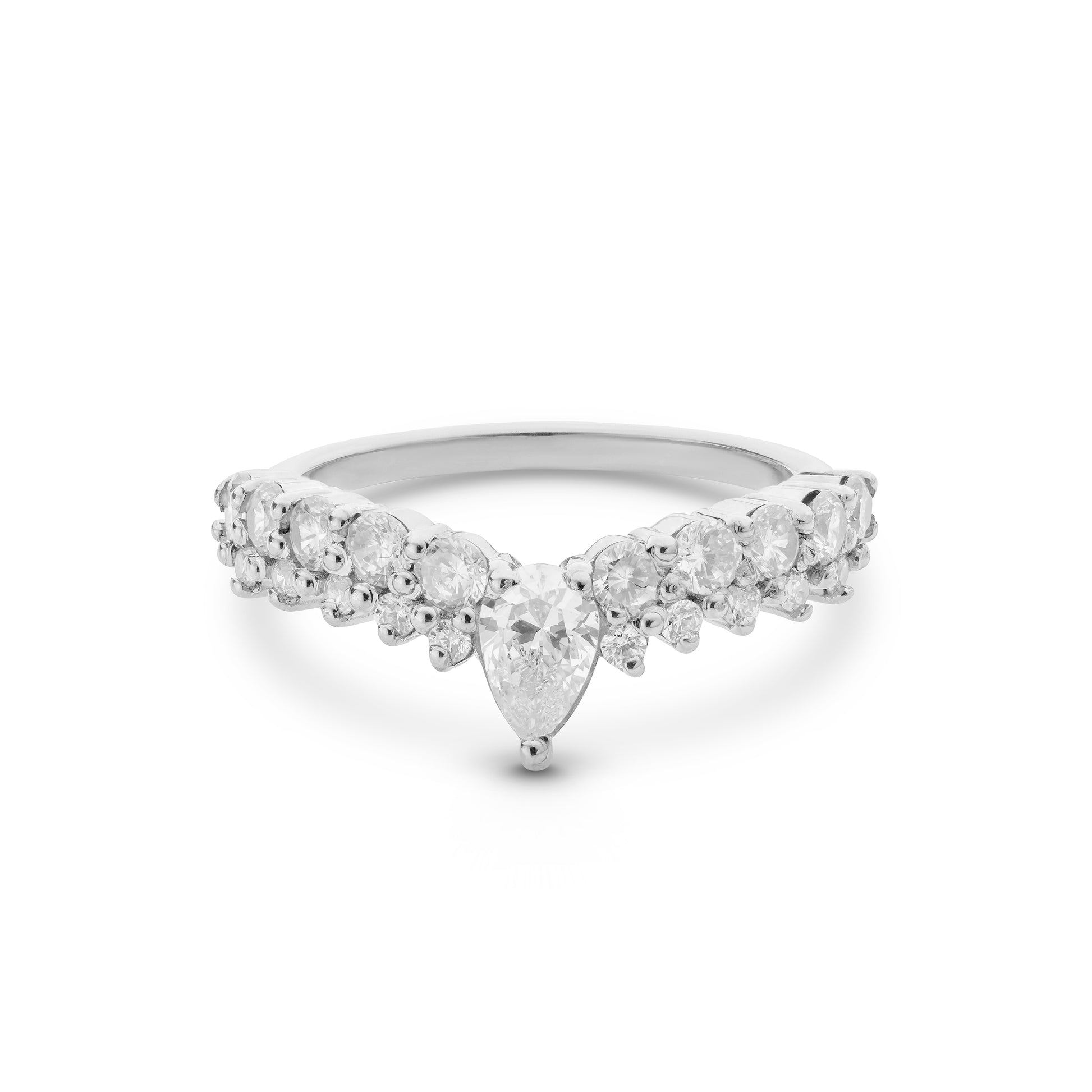 Silver ring with clear gemstones on a white background