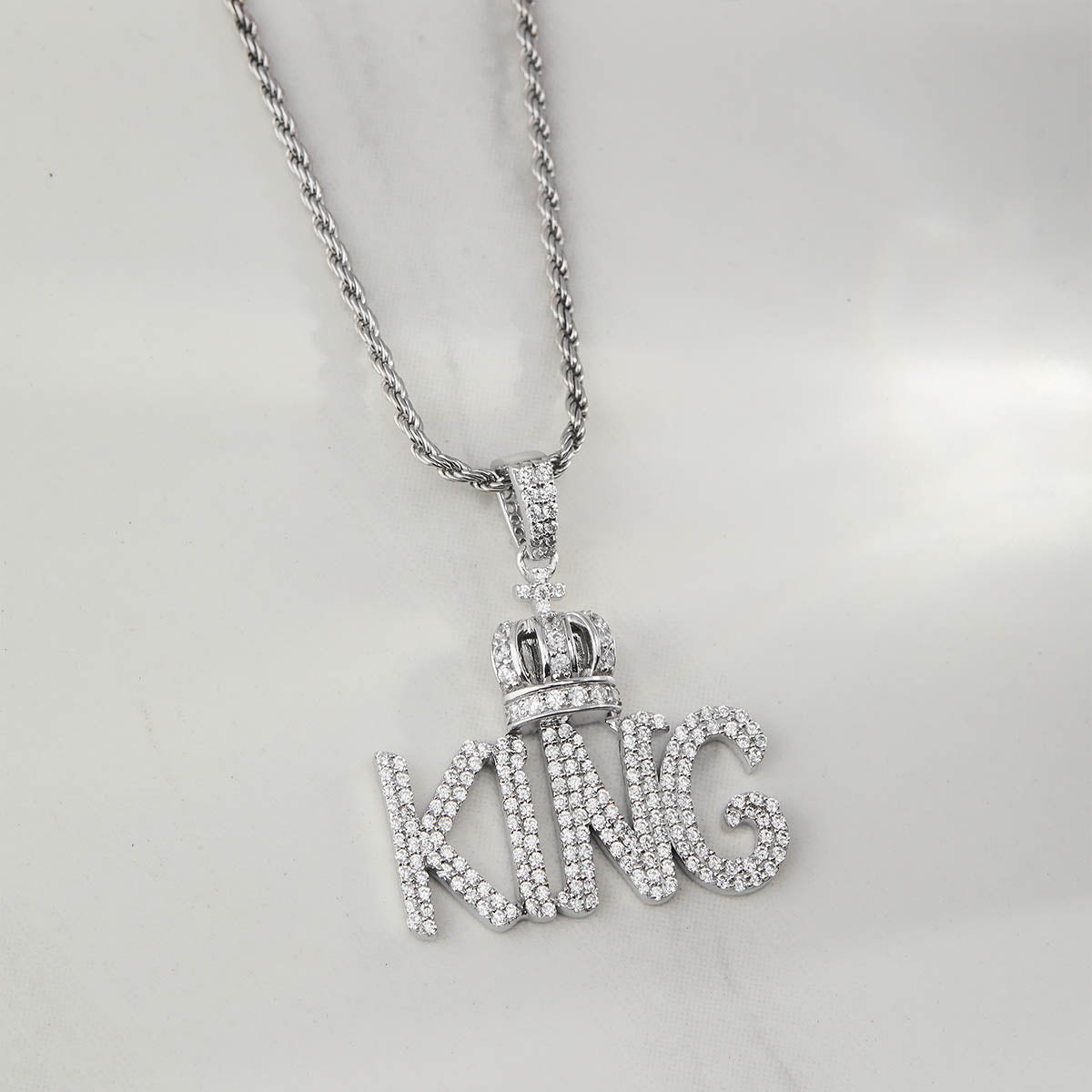 Iced Out KING with Crown Pendant Necklace 925 Sterling Silver Hip Hop Jewelry