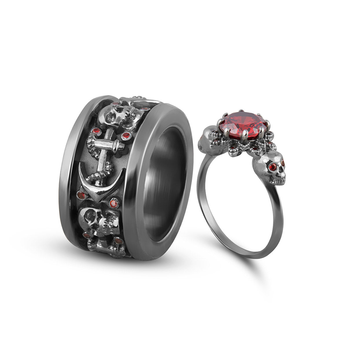 Garnet Matching Skull Engagement Rings His and Hers Gun Metal