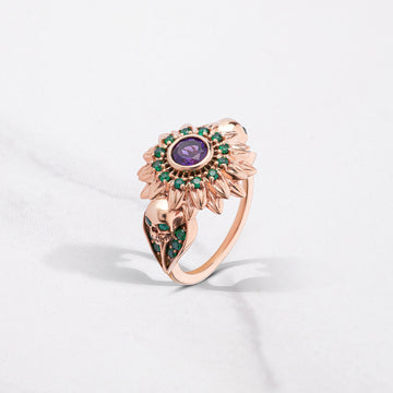 Skull and Flower Engagement Ring Rose Gold Gothic Wedding Rings Natural Purple Amethyst Green Emerald Gemstone