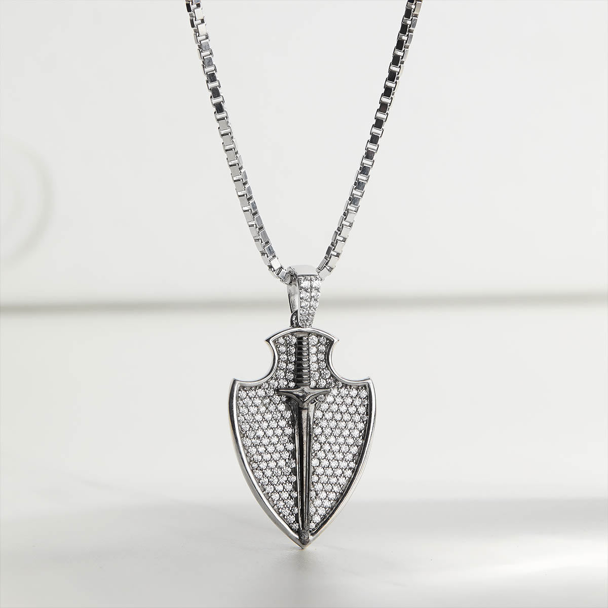 Shield with Sword Necklace Two Tone Iced Out Pendant Viking Jewelry Sterling Silver