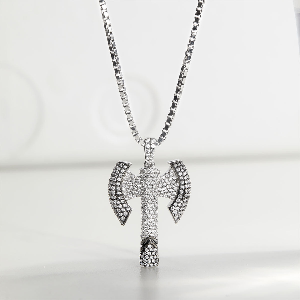 Iced Out Norse Viking Axe Pendant Necklace Hip Hop Jewelry 925 Sterling Silver Silver